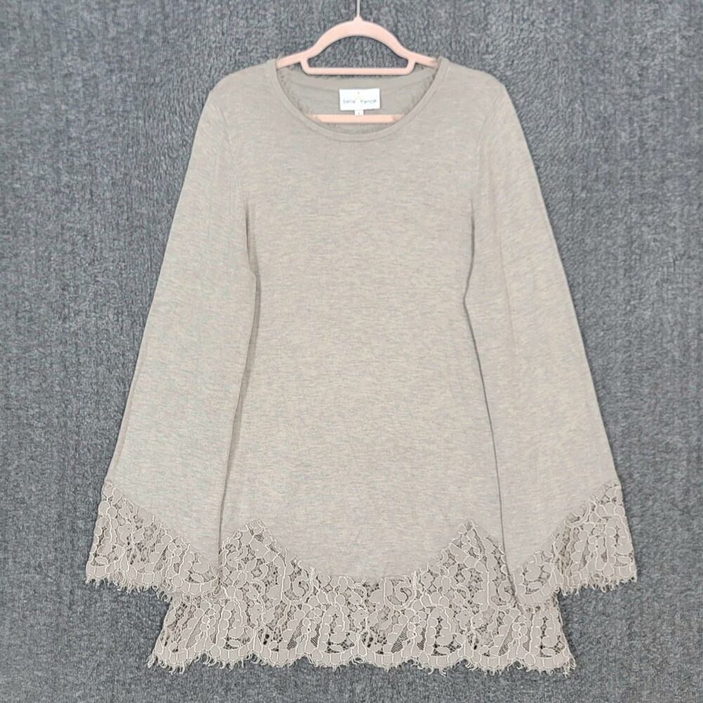 Belle France Sweater Womens L Beige Lace Embroidered Boho Long Sleeve Tunic Top